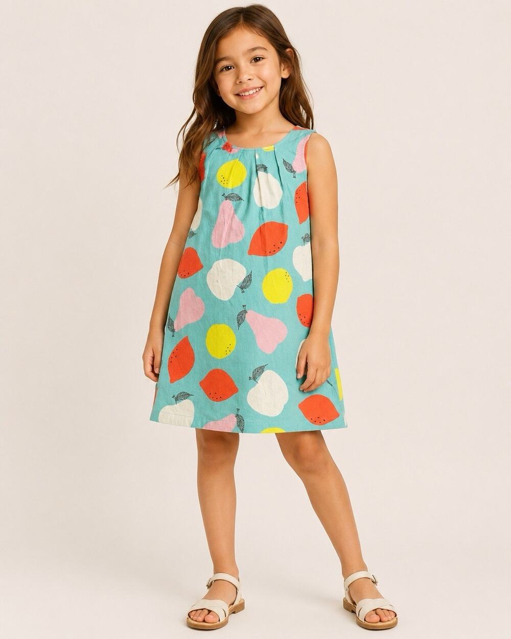 Mini Boden Girls Dress Size 6-7Y Aqua Fruit Print Cotton Shift Sleeveless